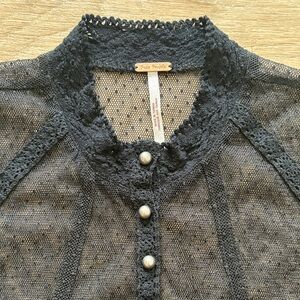 Free People Romantic Sheer Mesh Lace Metal Half-Pearl Buttons Black Dress